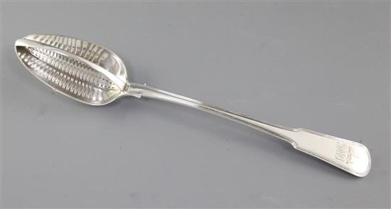 A George III silver straining spoon, Length 12”/305mm Weight: 5.3oz/149grms.